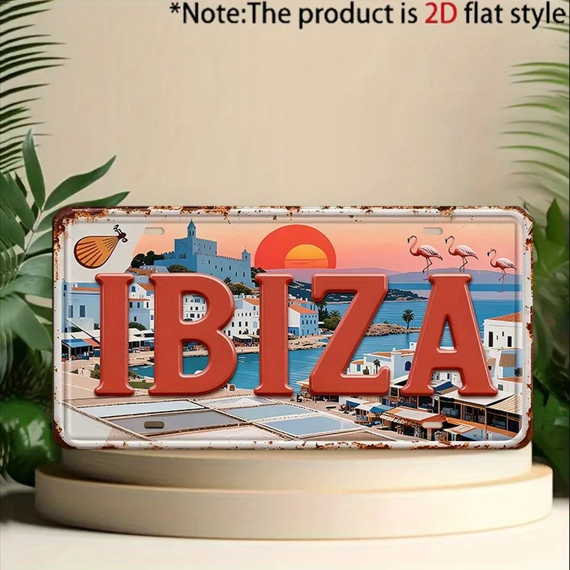 Ibiza Coastal Town Sunset Flamingo Aluminum Tin Sign Wall Art Decor for Garage Bar Man Cave 2D Flat Printing Metal Poster