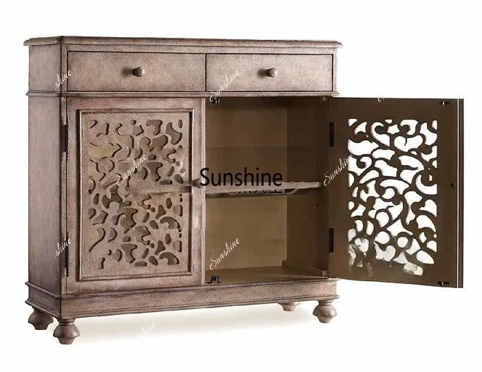 French country shoe cabinet, imitation old solid wood hollow carved entrance cabinet