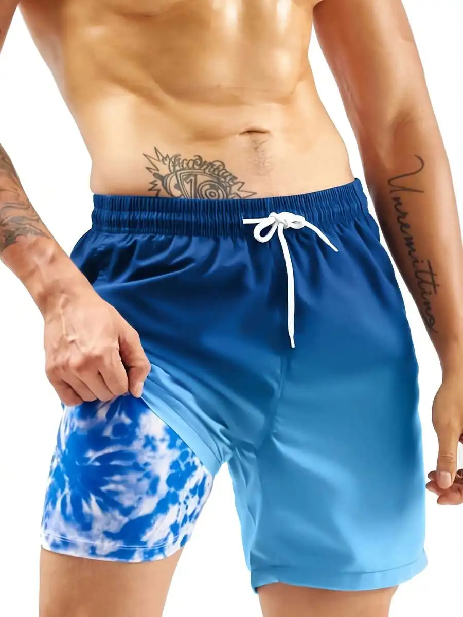 

Mens Blue Gradient Tie-Dye Swim Trunks With Side Pocket Quick Dry Beach Shorts