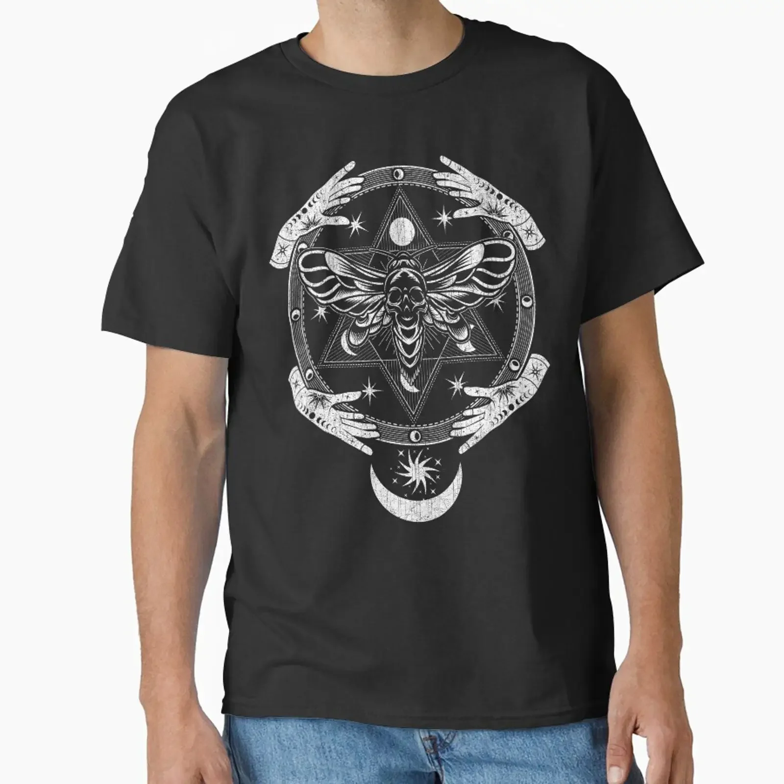 Occult Ritual Circle Mystical Hands Deaths Head Moth Esoteric Pagan Design Classic T Shirt vintage Washed Stretched Unisex
