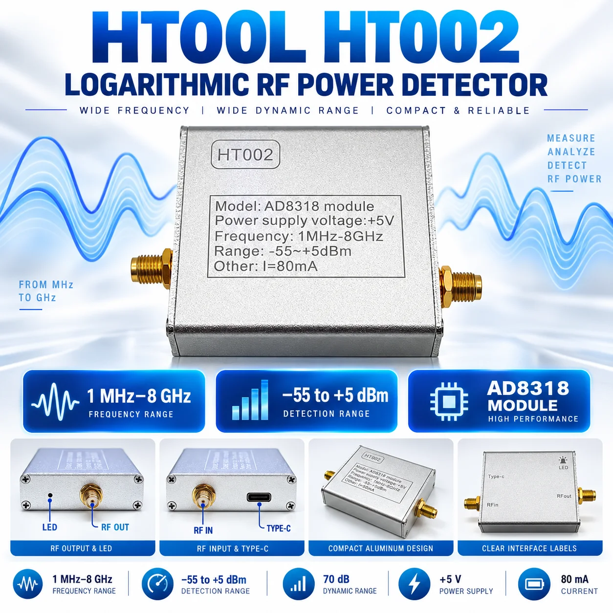 HTOOL HT002, 1MHz to 8GHz Wideband RF Power Detector, AD8318 Logarithmic Detection Module, 70dB Dynamic Range.