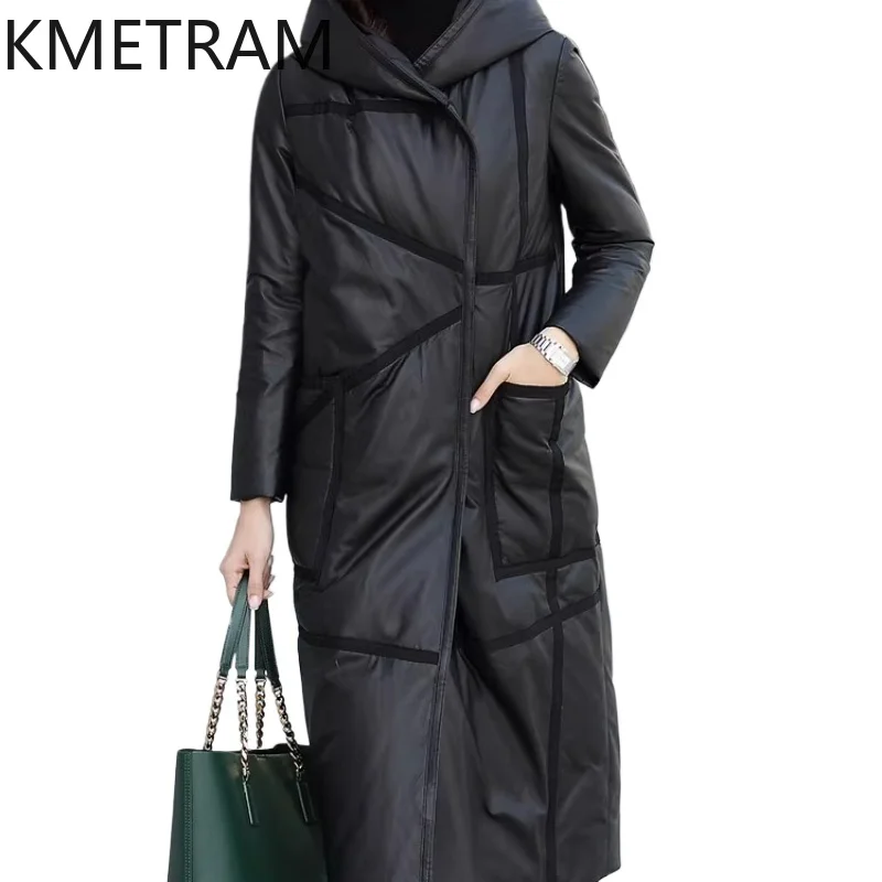 معطف جلد طبيعي من جلد الغنم الطبيعي من KMETRAM سترة بيضاء بطة أسفل بقلنسوة سوداء منتفخة ملابس نسائية شتوية طويلة 20257]