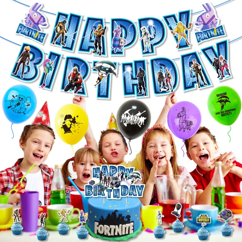 

Birthday Party Game Fortnite Decoration Kawaii Ballons Set Anime Cake Topper Cartoon Banners Childrens Party Supplies Gift Toy