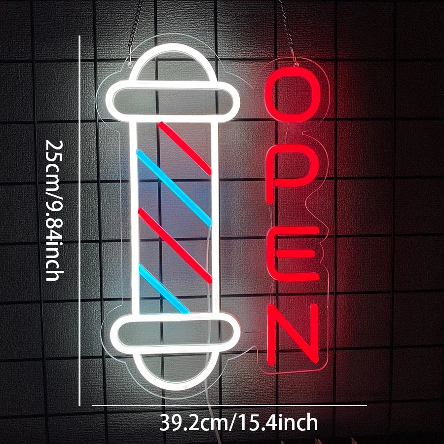 Barbershop Open Neon Sign Hair Salon Supplies Neon Lights Wall Decor for Barbershop, Barber Pole Logo Barber Shop Barber Supply