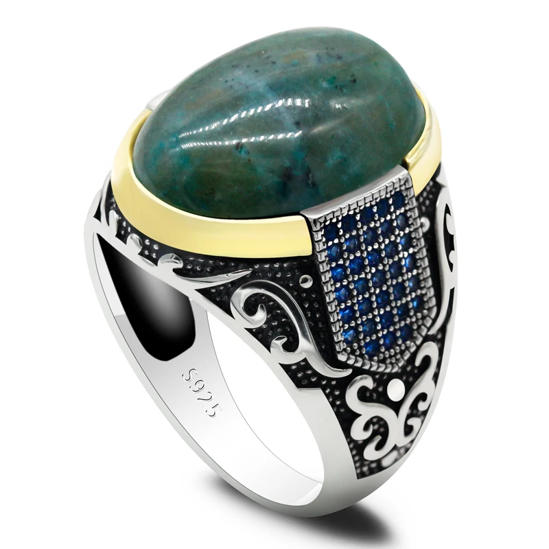 Luxury genuine men's s925 pure silver ring, natural green agate stone handmade men's party anniversary gift