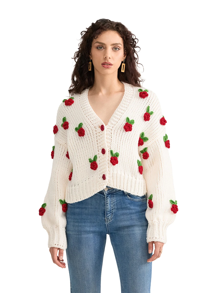 Women Knit Cardigan Long Sleeve Flowers Button Closure Fall Casual Jacket Sweater