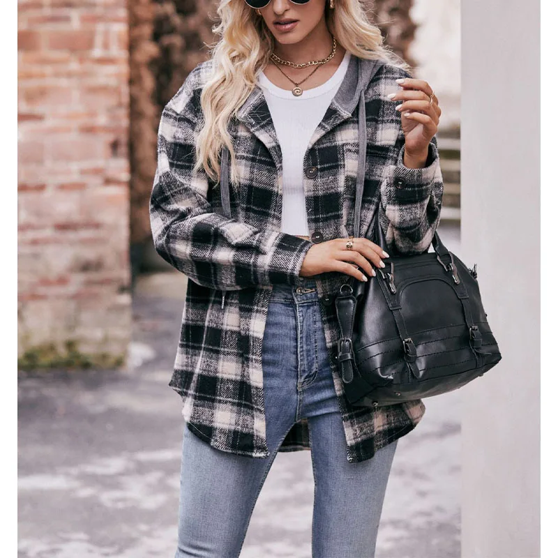 2023 New Autumn and Winter Trend Casual Simple Hooded Button Plaid Fashion Jacket Temperament Loose Commuting Women\'s Shirt