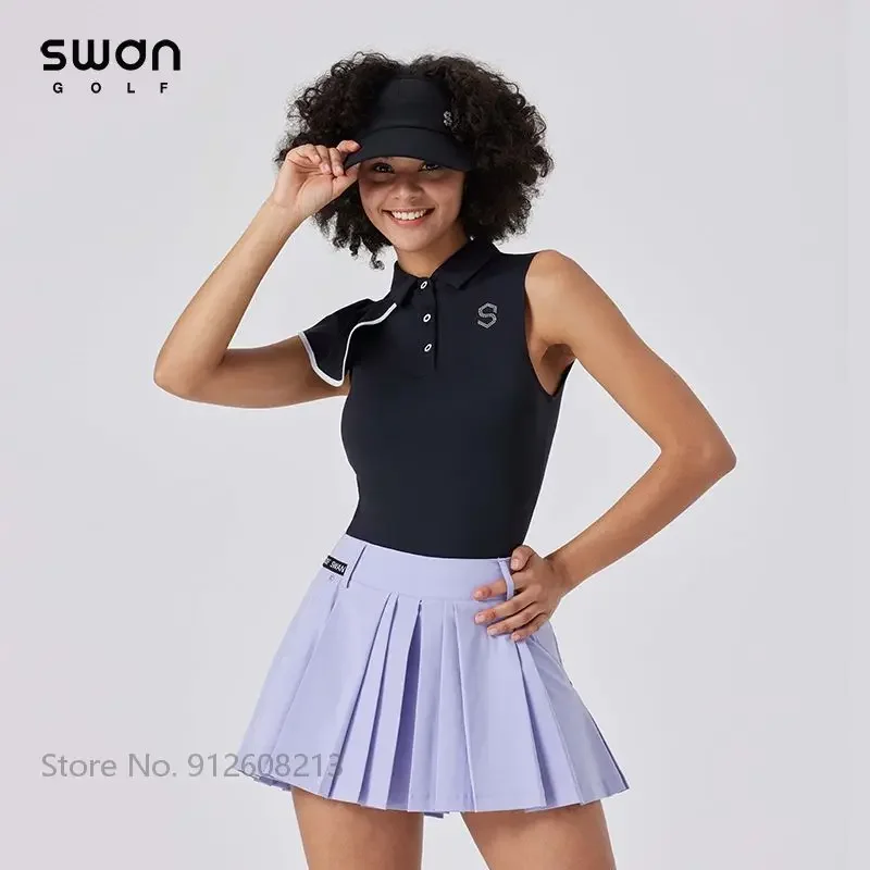 SG Summer Lady Ruffle Sleeveless Polo T-shirt Slim Golf Tank Tops Vest Women High Waist Golf Skirt Sport Pleated Culotte Sets