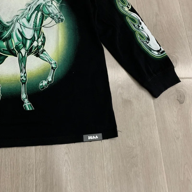 DUAA LONG TEE Black Round Neck Men's Women's Fall Winter Fashion Rhinestone Long-Sleeve T-Shirt