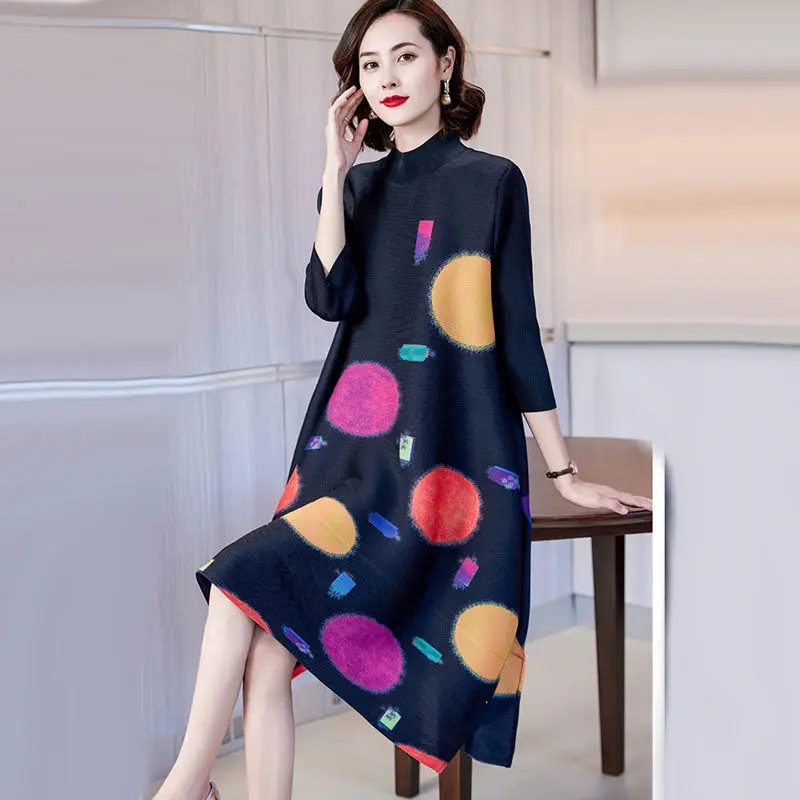 Colorful round fashionable dot print half high collar 3/4 sleeve pleated dress split hem medium length A-line skirt