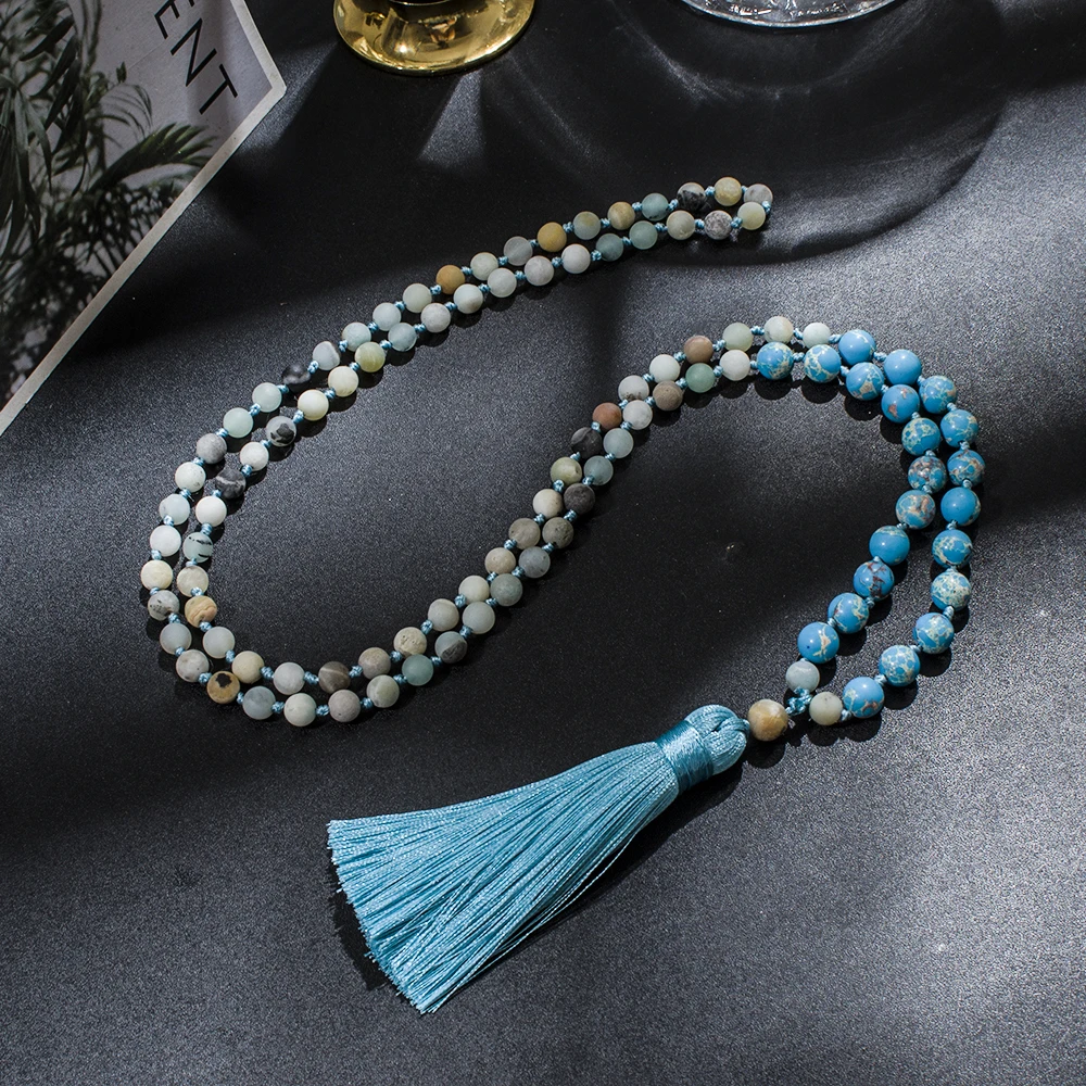 6mm Matte Amazonite with 8mm Emperor Turquoise Beaded 108 Mala Necklace Meditation Yoga Prayer Japamala Rosary Tassel Jewelry