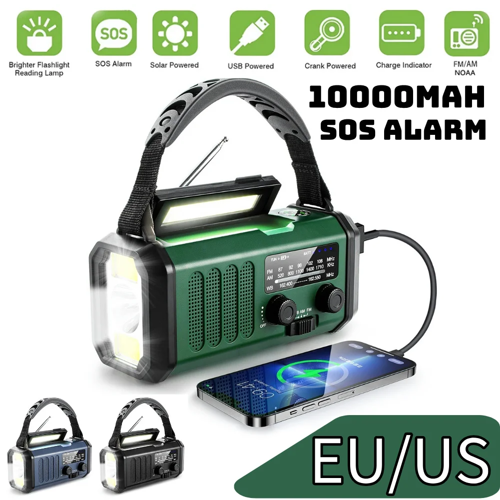 10000mAh Emergency Solar Power Radio USB Charging Hand Crank Dynamo Flashlight FM AM WB NOAA Weather Radio Power Bank