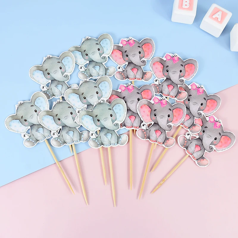 12Pcs Blue Pink Elephant Cupcake Topper Kids Birthday Baby Shower Elephant Cake Decoration Boy Girl Gender Reveal Party Supplies