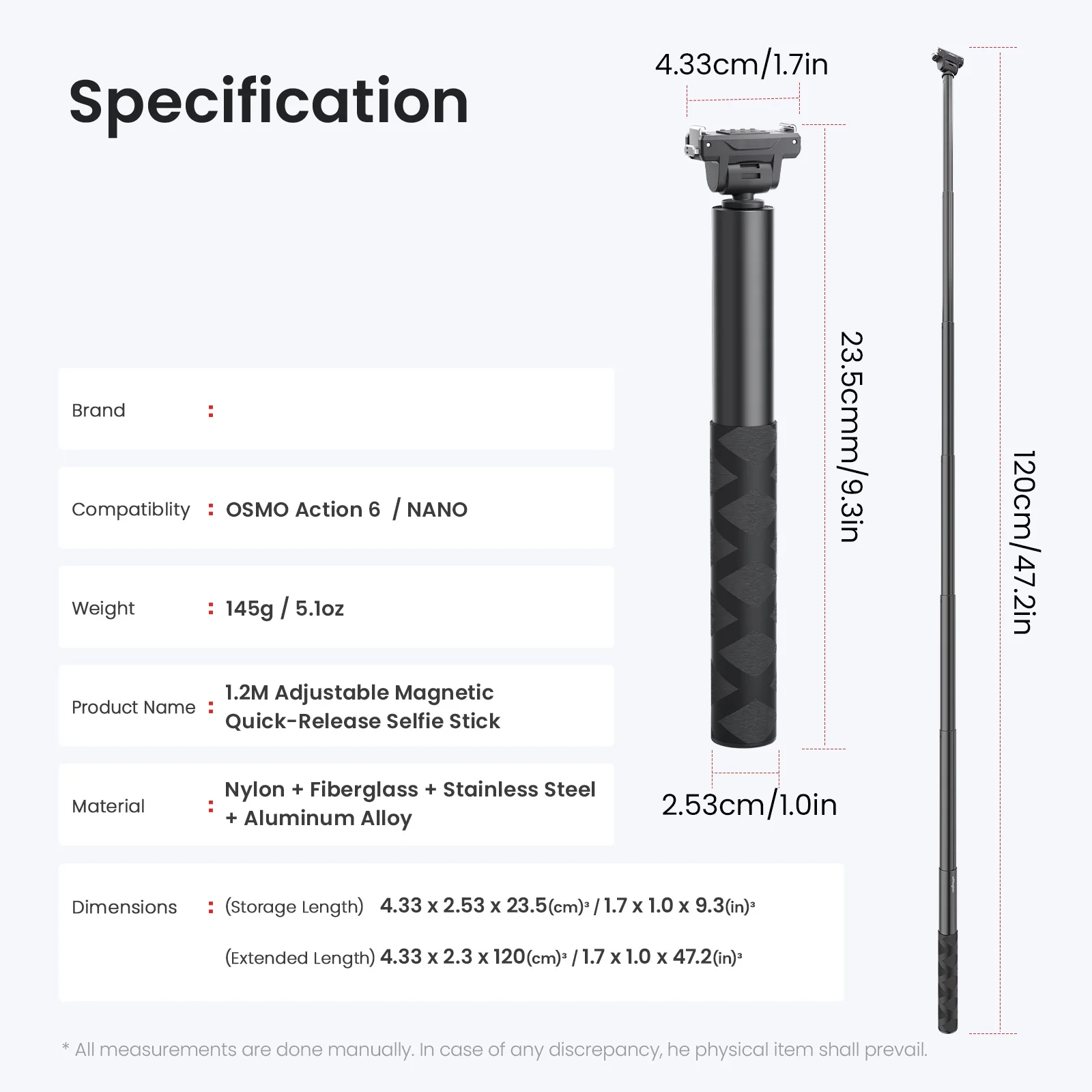 Picture 5: For DJI OSMO Action 6 /NANO / OSMO 360/Action 5Pro /4/3 Adjustable Dual-Direction Quick-Release Selfie Stick Camera Accessory