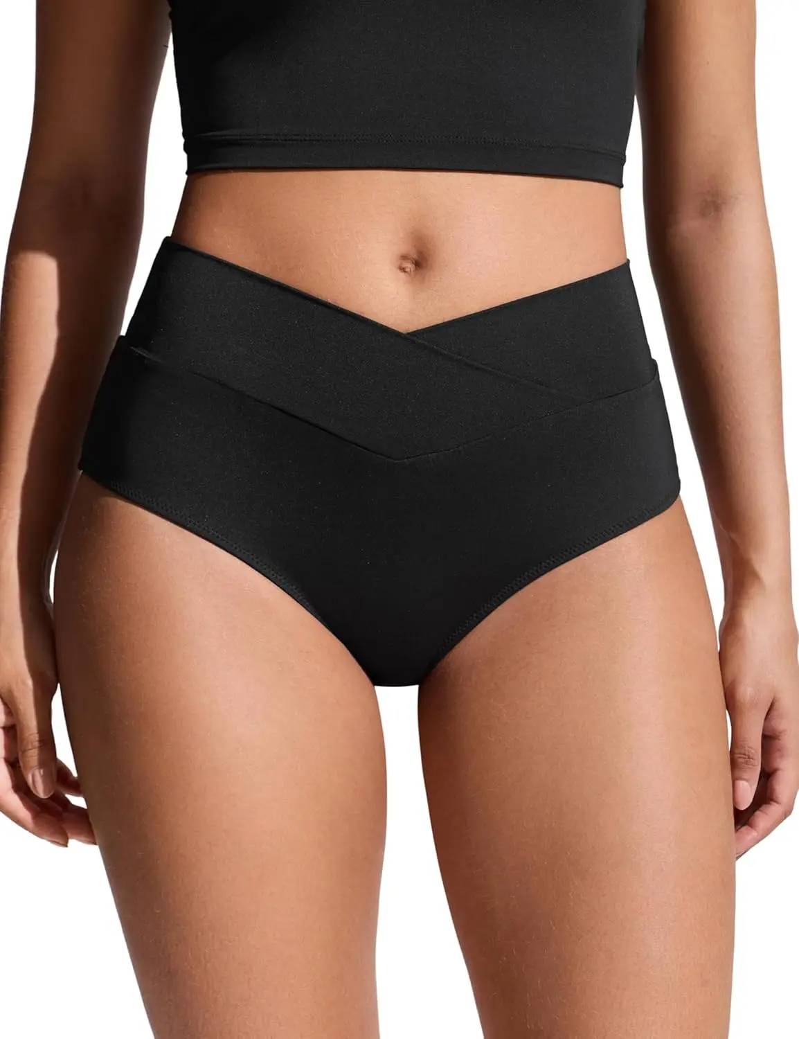 

High Waisted V Cut Bikini Bottom for Women - Cross Front Bathing Swimsuit Full Coverage Swim Briefs