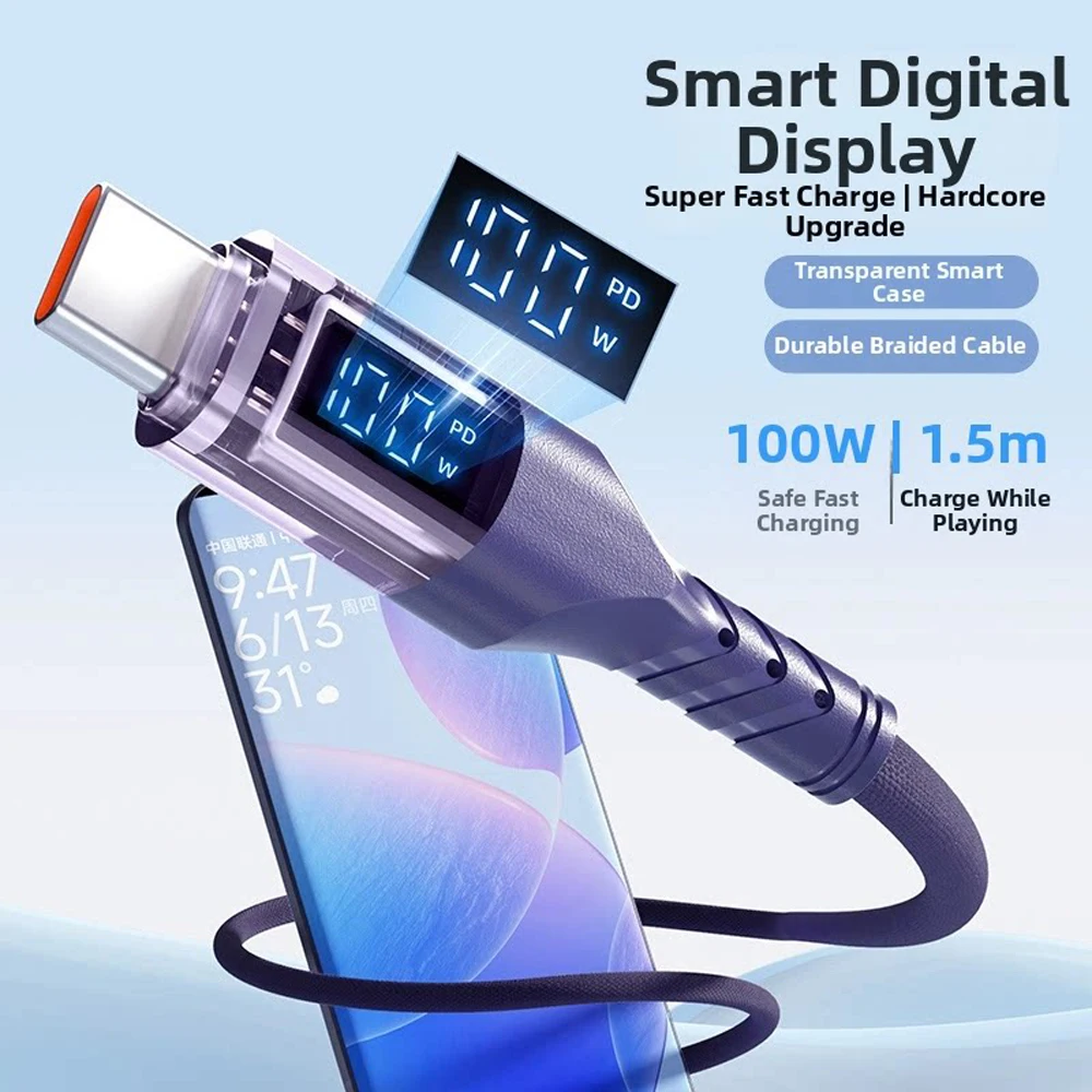 

100W USB Type C Cable Super Fast Charging Data Cord with LED Display for iPhone 17 16 15 pro max Air Samsung Huawei xiaomi