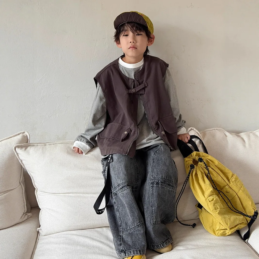 سترة جديدة للأولاد والبنات لربيع وخريف 2025 على الموضة الكورية ملابس خارجية غير رسمية يومية تناسب الجميع بلون سادة بدون أكمام #2