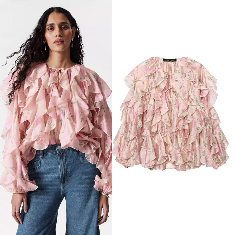 

TRAF Women Ruffled Long Sleeved Shirt Button Prairie Chic Female Elegant Shirts Summer Fashion Women's V Neck Blouse
