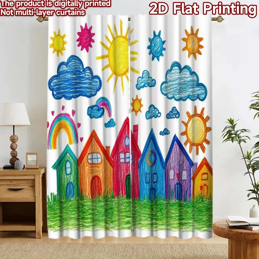 2D flat 2pcs Curtain French Romantic Style Curtains Colorful Sunny Village Digitally printed polyester, colorfast Festive Wall