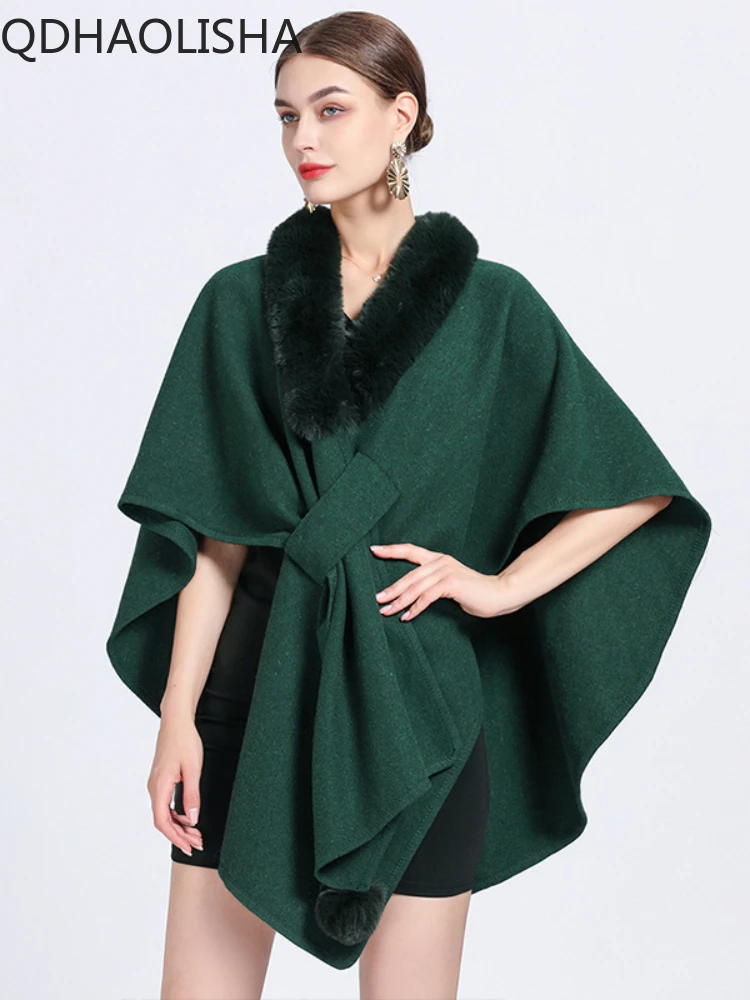 Women Fur Ponchos Coat Knit Cardigan Elegant Casual Fur Collar Shawl Cloak Woolen Coat Oversize Sleeveless Korean Fashion Capes