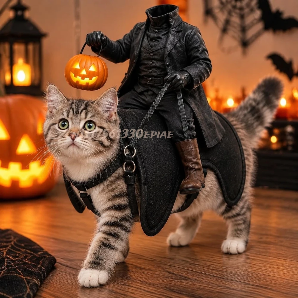 Headless Horseman Cat Costume – Spooky 3D Horse Riding Illusion,Realistic Dark Rider Cosplay Outfit with Magic Tape
