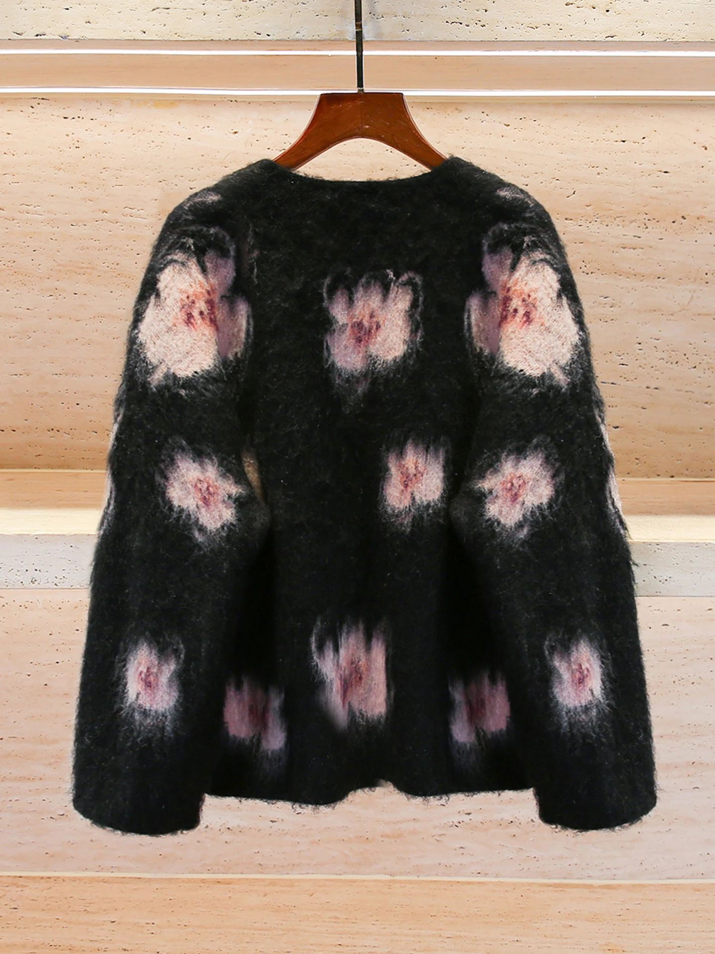 Cardigan Aberto de Tricô com Decote em V Pintado à Mão com Estampa de Flor de Pêssego Estilo E e Simples Manga Longa S...