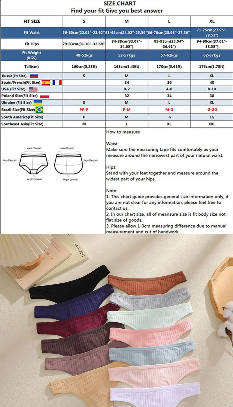 FINETOO 6er-Set Damen gerippte Baumwoll-Tangas, niedrige Taille, atmungsaktive G-String-Unterwäsche, sexy T-Back-Dessous für Frauen – Detail 1