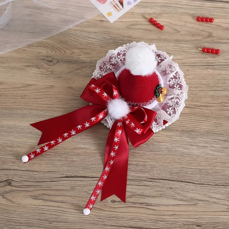 Novo chapéu de natal artesanal original doce bonito lolita renda furball grande arco grampo de cabelo natal pequeno presente chapéu
