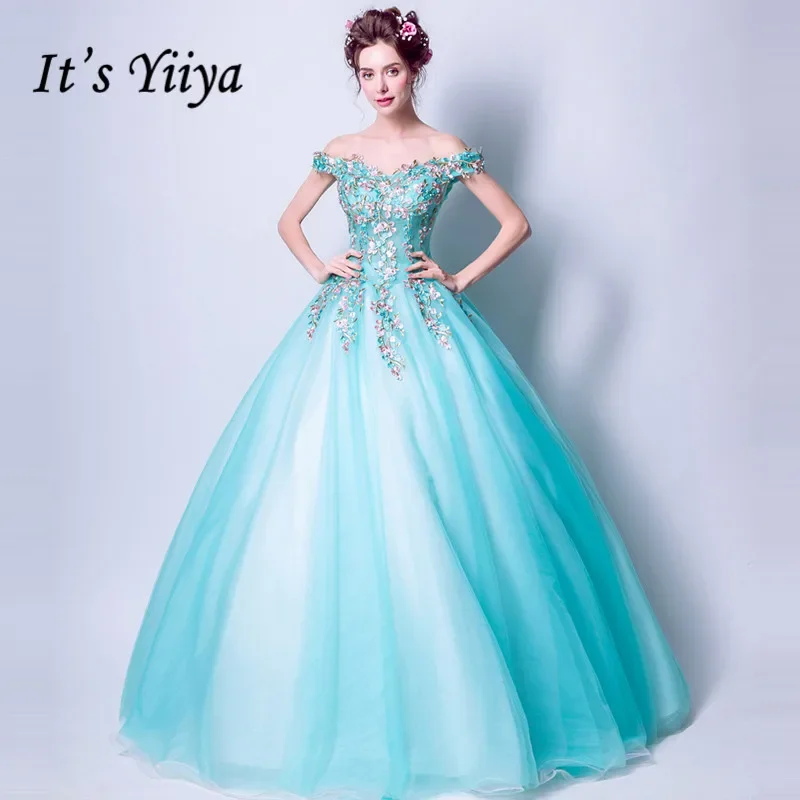 

It's Yiiya Customized Evening Dress Green Appliques Off the Shoulder Princess Floor Length Plus size Woman Party Formal Gowns