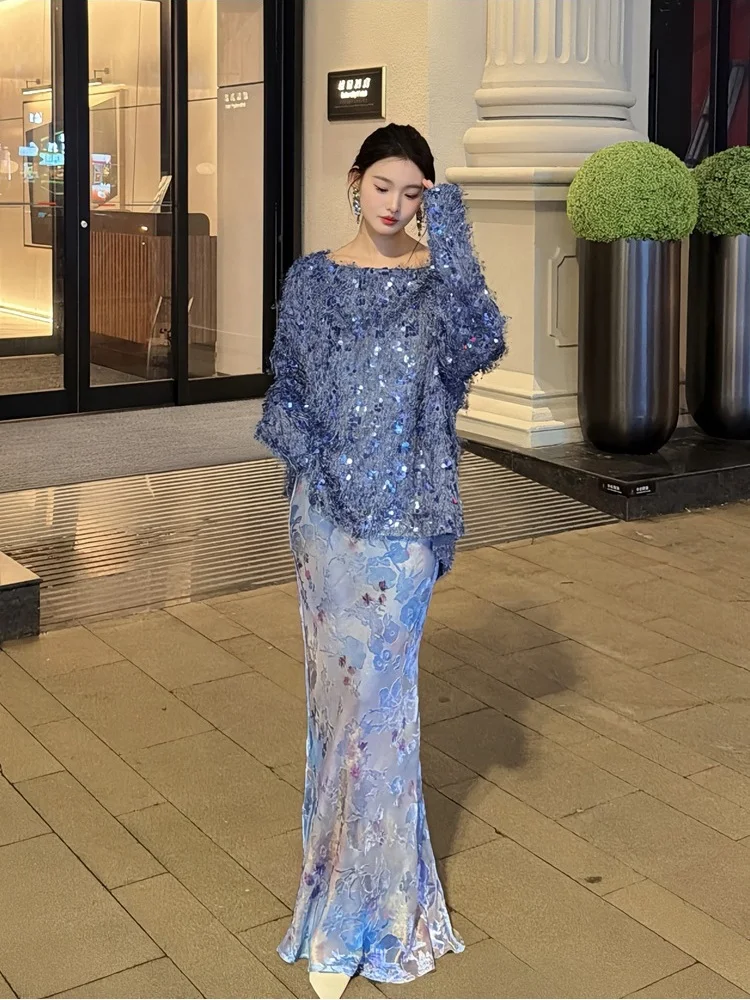 

【CHUJIE】2025 Autumn New Sequined Knitted Long Sleeve Off Shoulder Sweater Top + Velvet Floral Hollow Out A-line Skirt 2PC Set