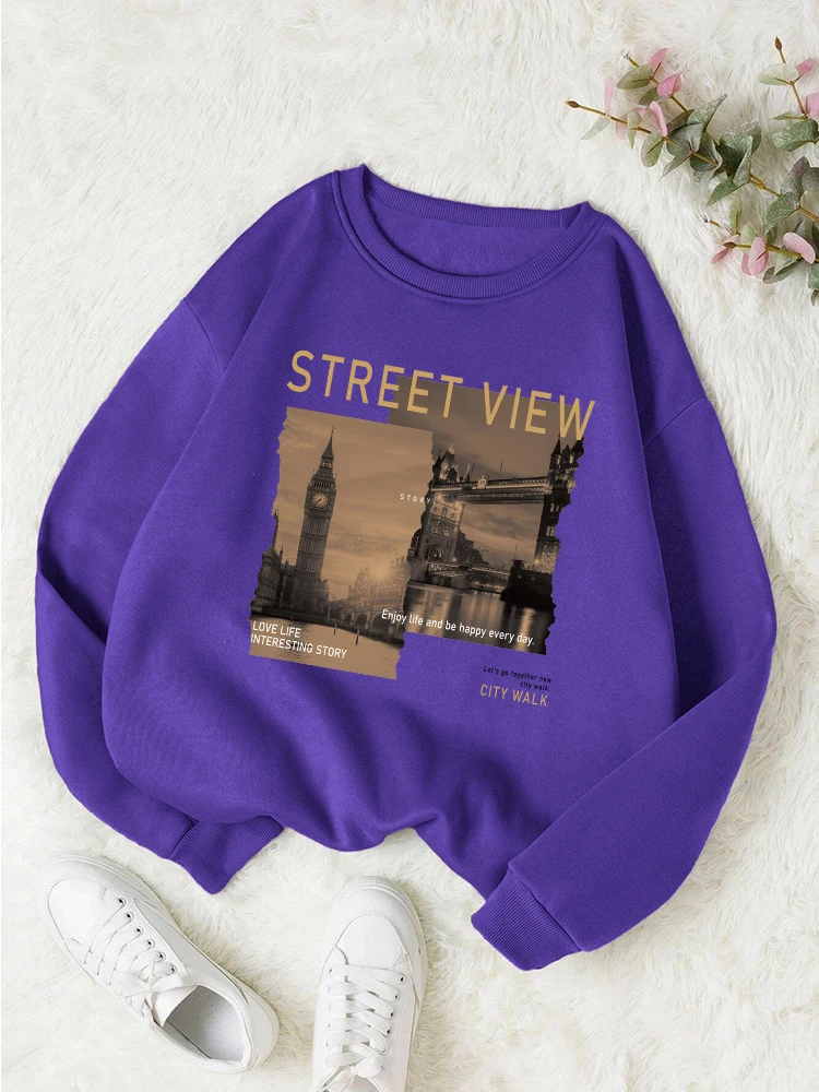 

Street View Scenery Printed Hoodie Womens Autumn Comfortable Hoody Simple Round Neck Sweatshirt Street Soft Warm Clothes Female