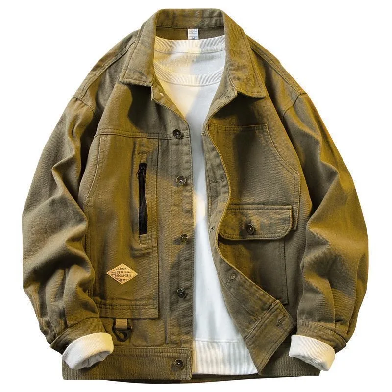 

Autumn and Spring New Fashion Trend Pure Color Retro Sports Denim Jacket Men's Loose Comfortable Plus Size Workwear Jacket M-5XL