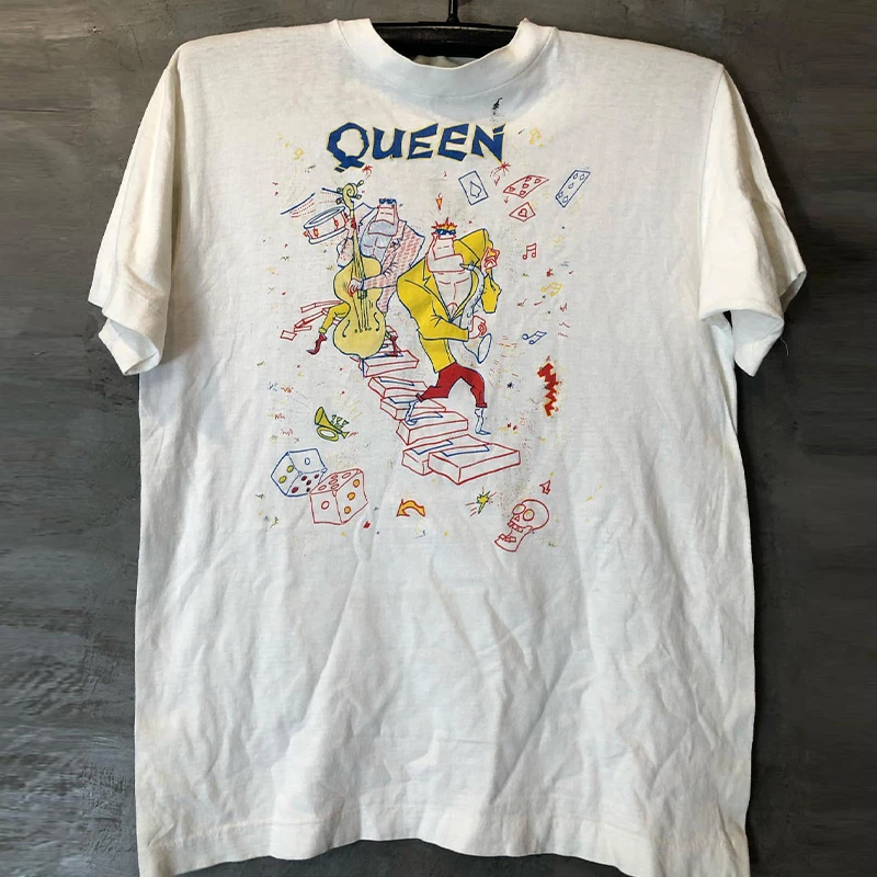 Black and White Cotton Queen American Rock Retro Retro Animation Style Short-sleeved Men's and Women's T-shirts Chic Hip-hop
