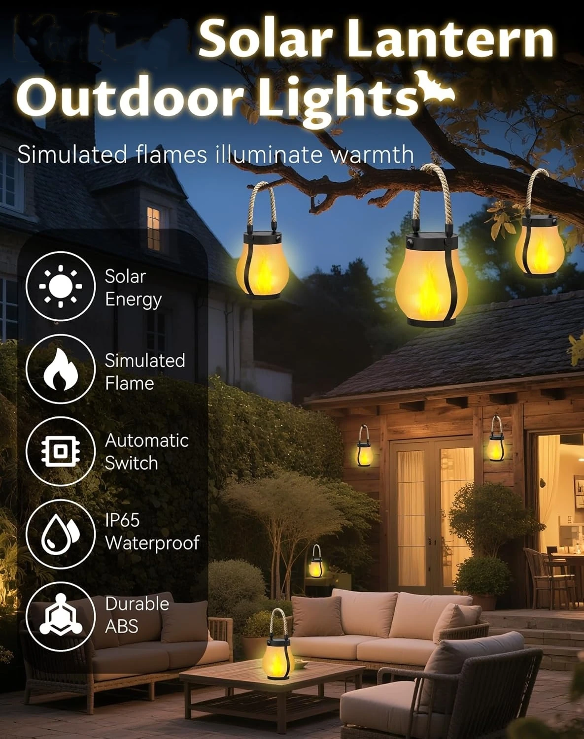 Solar Lantern Outdoor Light Waterproof, Dancing Flame Solar New Year Lights, Hemp Rope Hanging Flame Lamp for Garden Yard Decor