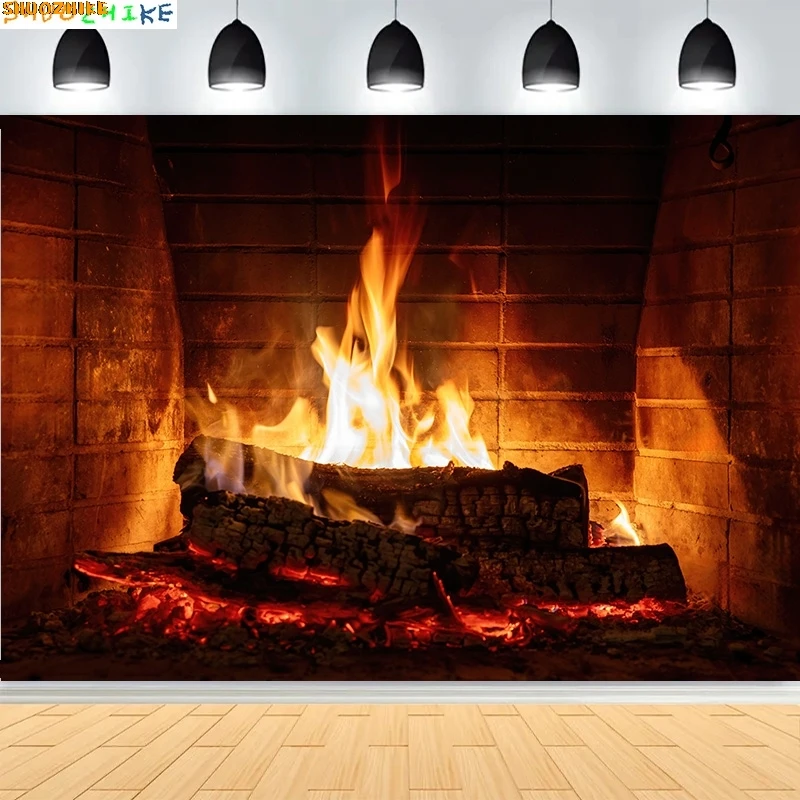 

Christmas Holiday Warm Home Photography Backdrops Fireplace Crackling Flames Party Wood Burning Photo Studio Background CR-01