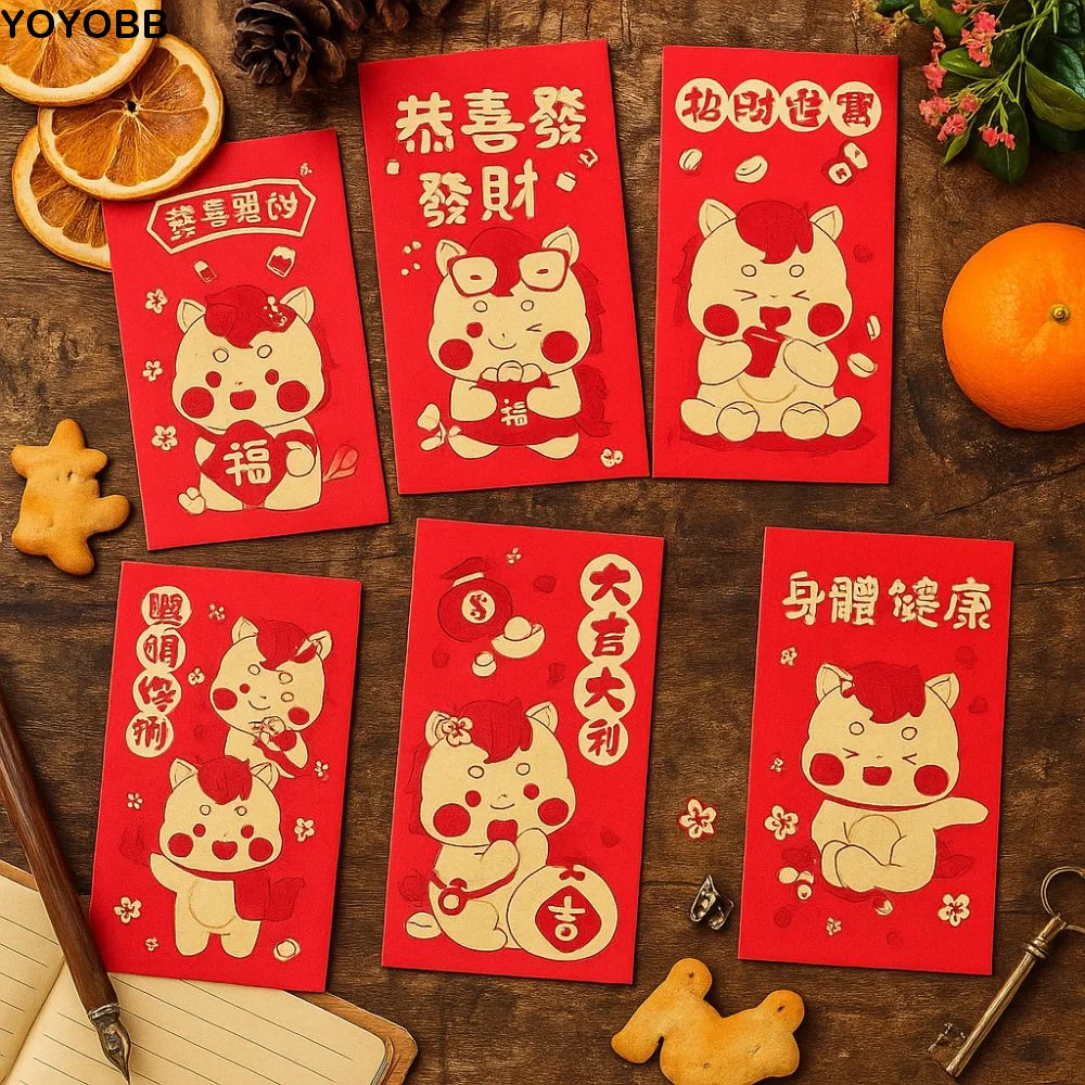 

6pcs Gold Stamping 2026 New Year Red Envelope Paper Blessing Horse Year Money Envelope Traditional Money Packets