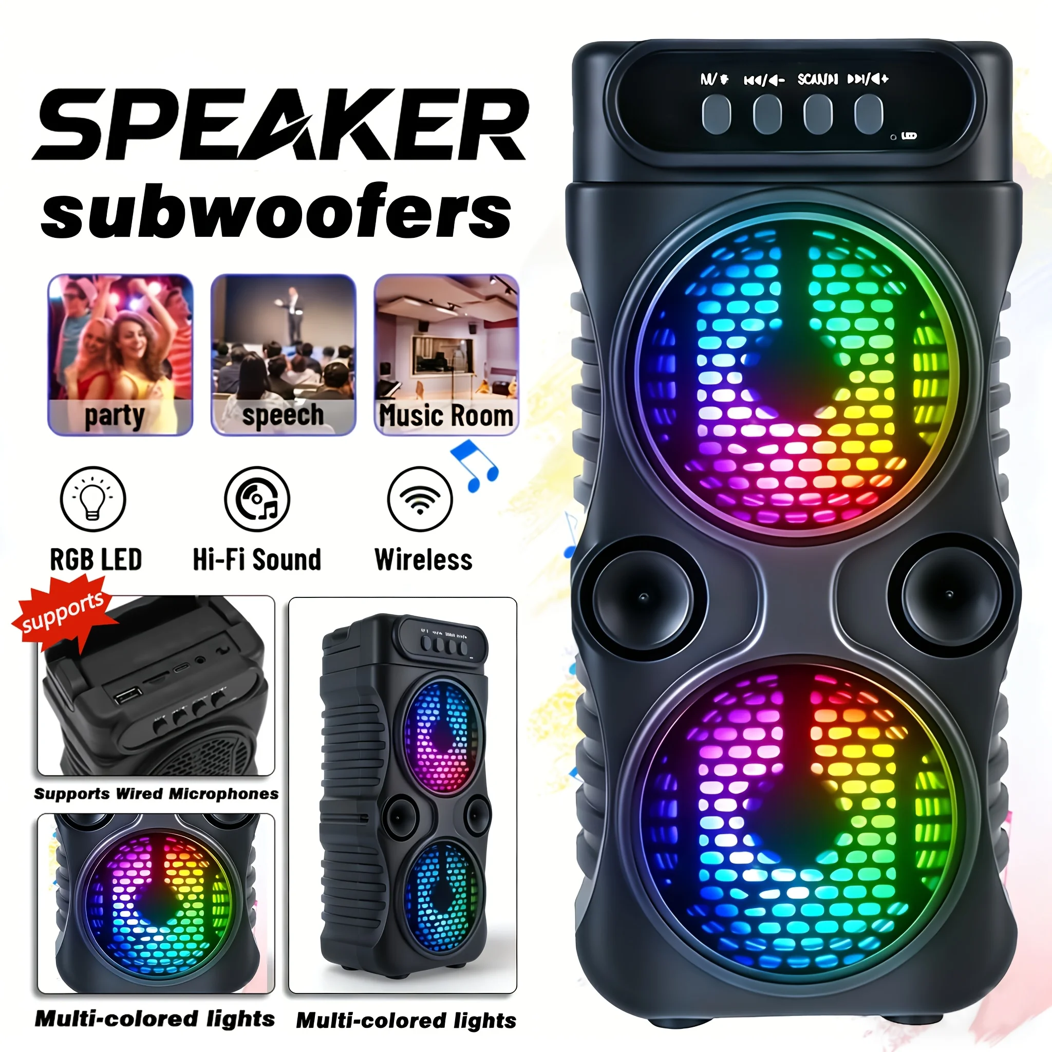 Portable wireless Bluetooth speaker with  multi-mode colorful lights. Supports TF card, USB Type-C port and FM radio. Suitable for parties, outdoor camping, square dancing and other occasions. A lovely gift.