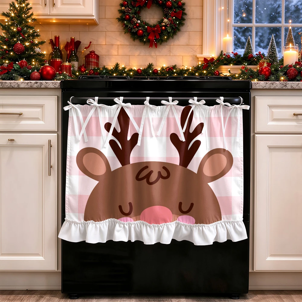 1PC lace up kitchen curtain, ruffled hem, 2D flat Pink Plaid Fawn pattern, cabinet cover curtain, Christmas home decoration