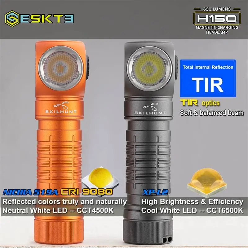 Skilhunt ESKTE H150 (Cool White Version) 2 in 1 Flashlight/Headlamp, 650 Lumens, IPX8 Waterproof, Power by 14500 or AA Battery