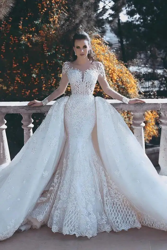 Vestido De Novia De encaje De sirena personalizado, sobrefalda con apliques, Espalda descubierta, ilusión, manga, tren De barrido, Vestidos De Novia