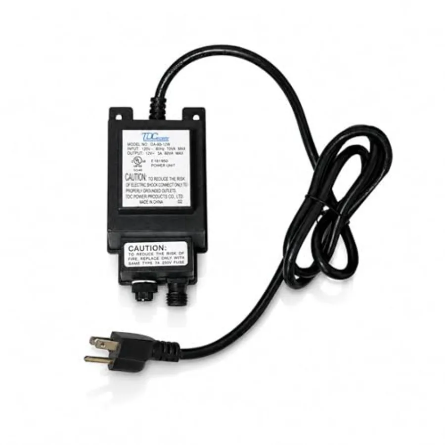 

Landscape lighting transformer for pond and garden use, aluminum housing, black color, 60-watt low-voltage output with weatherp