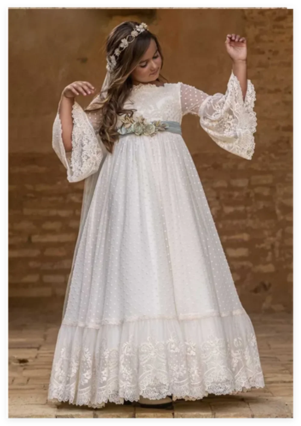 

Flower Girl Dress Kid Vintage Princess Lace Floral Belt Bridemini Wedding Bridesmaid Cotton Gown