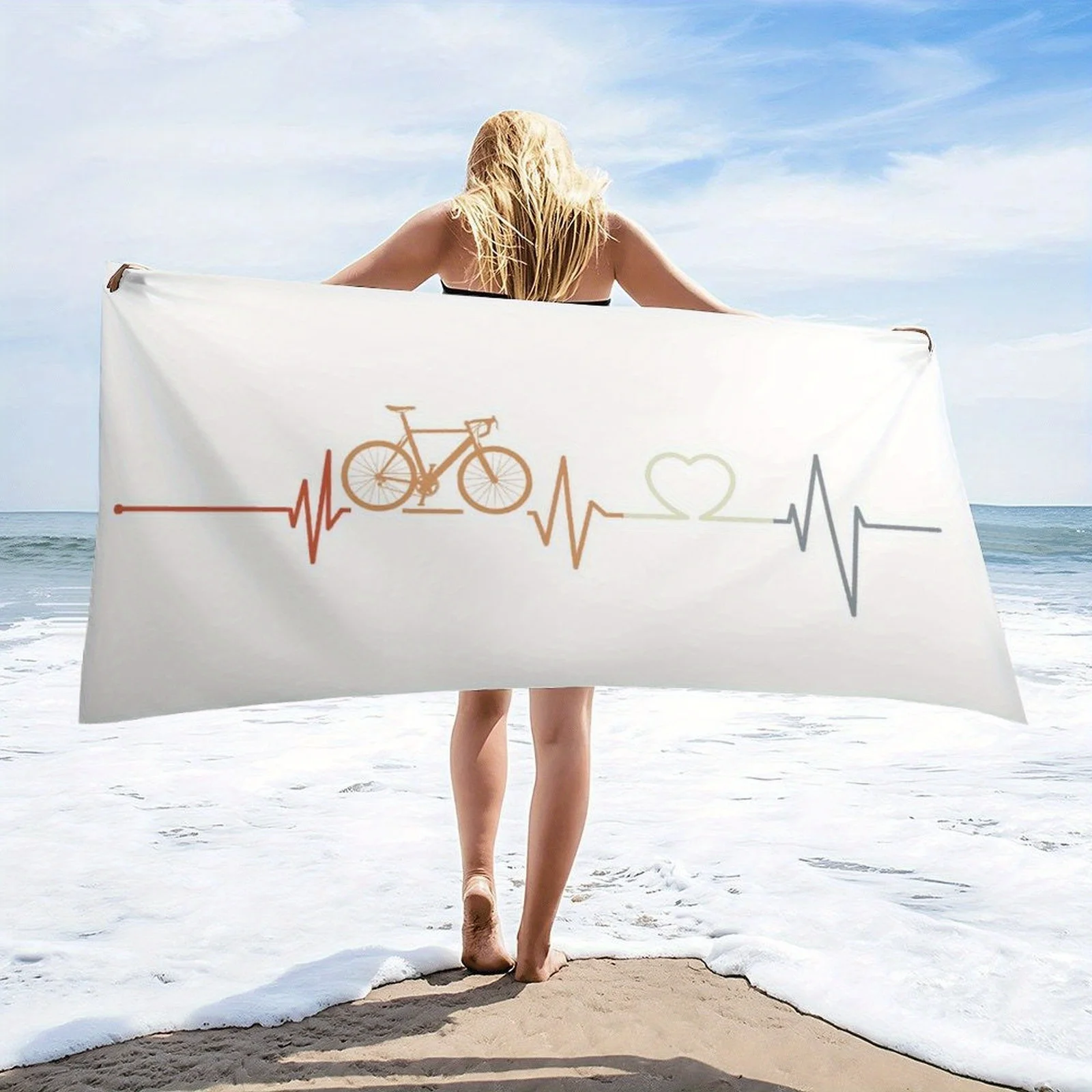 Vintage Bicycle Heartbeat Design Beach Towel - Super Absorbent Quick-Dry Microfiber, Lightweight Large Bath Towel for Beach