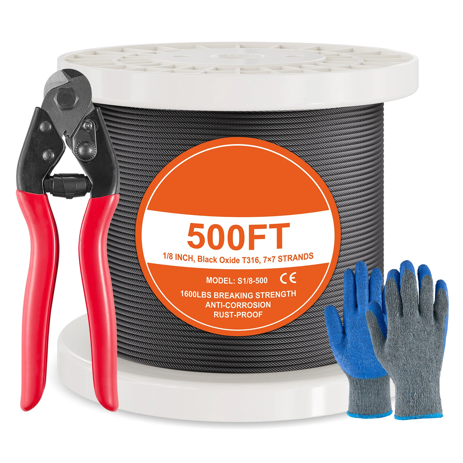 

SucceBuy 7x7 Strands Wire Rope Kit 500ft 316 Stainless Steel Cable with Cutter & Gloves Core Marine for Handrail Stair Decking