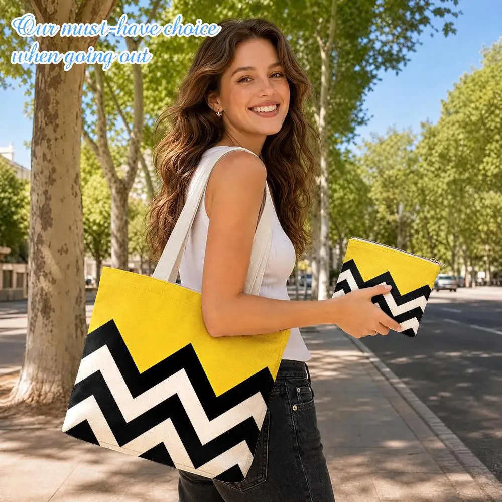 New Model of Simulated Silk Satin Pattern Storage Bags 2-Piece Set Double-Sided Print Canvas Shopping Tote Bag Work Travel Set