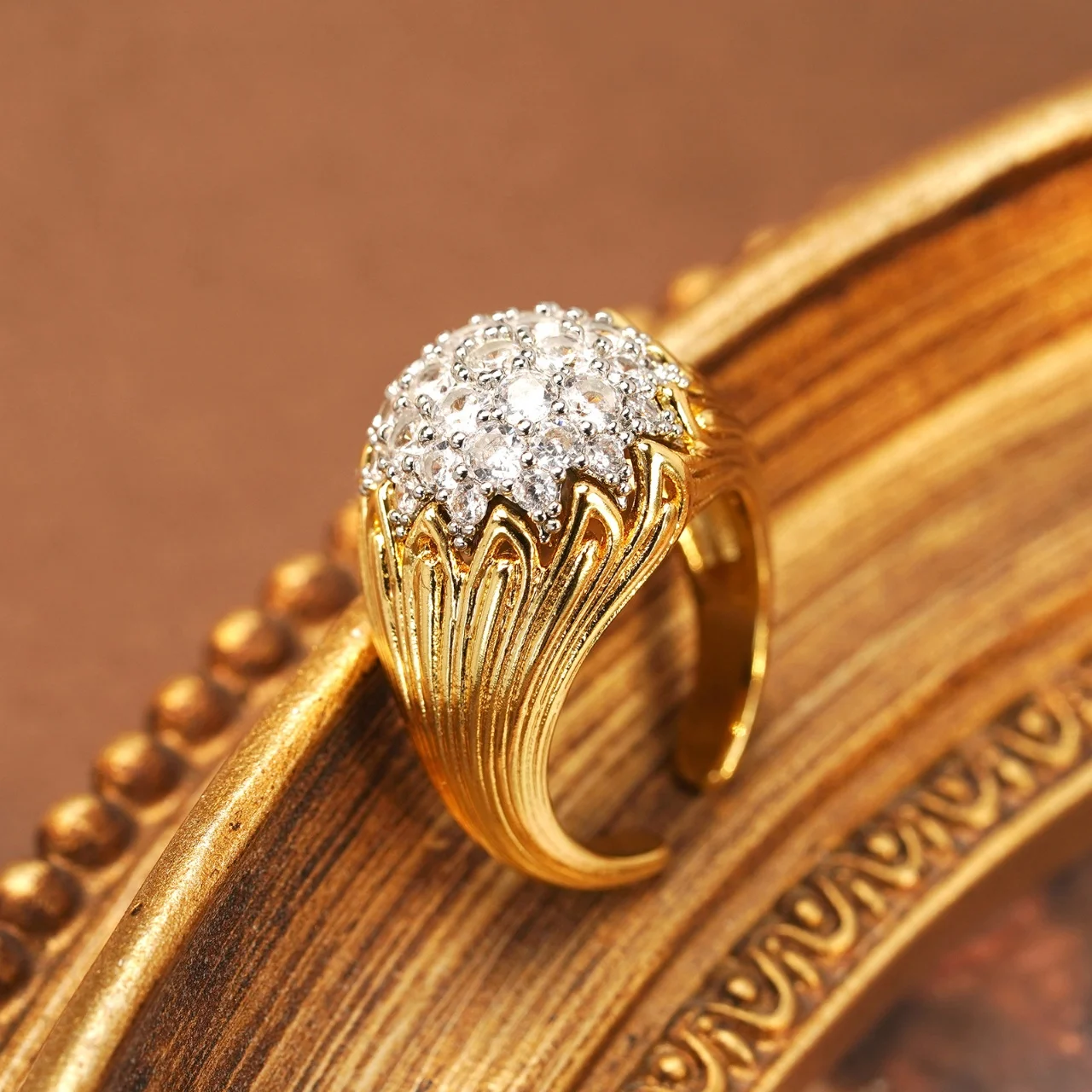 Vintage 14K Gold Filled Old-World Dome Statement Ring With Pave Zircon Rigato Open Fluted Carved Band Elegant Bold Women Jewelry