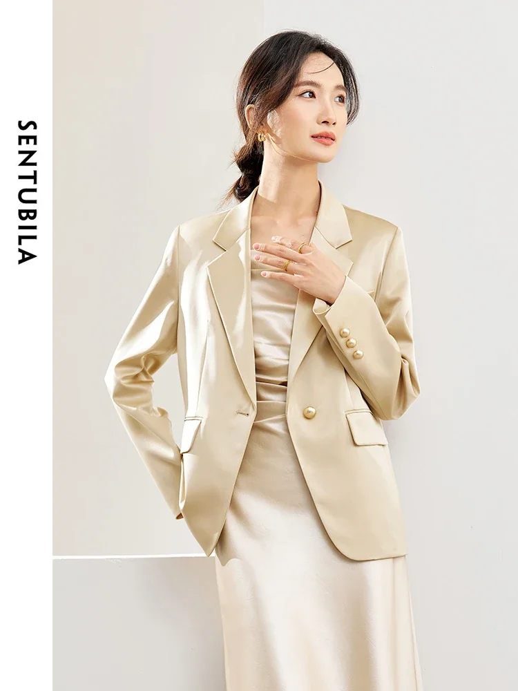 SENTUBILA Women Satin Blazers 2024 Spring Autumn Casual Notched Suit Jacket Woman Long Sleeve Female Tailored Coat 141X52993