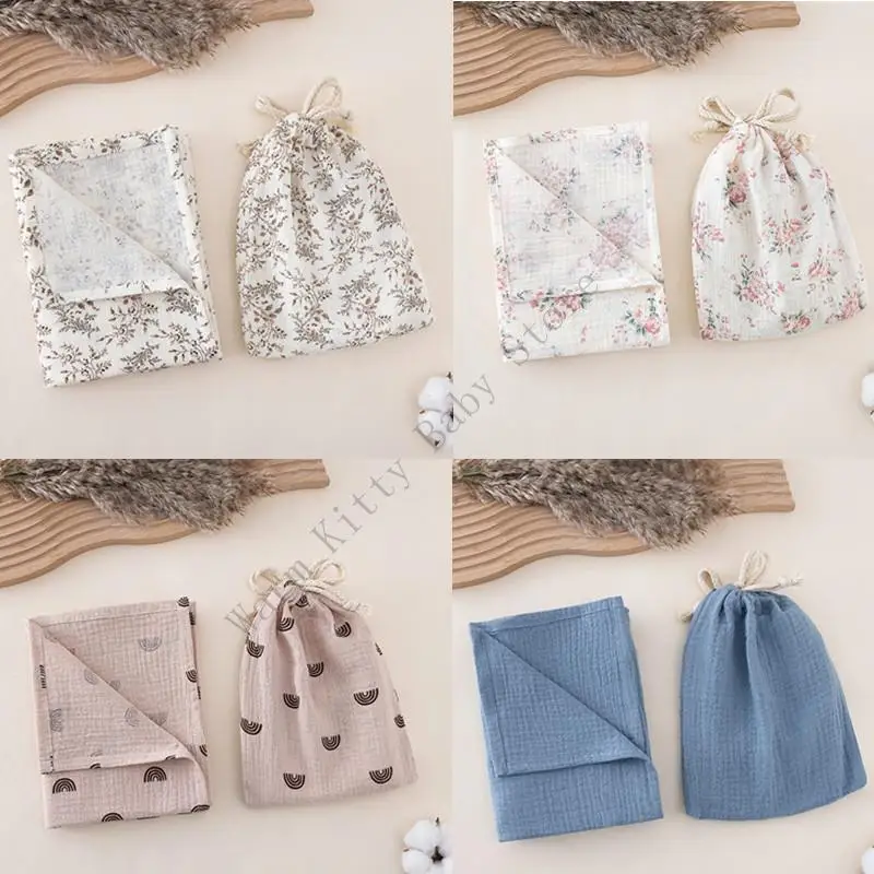 

New Cotton Muslin Print Baby Bath Towel Newborn with Storag Bag Absorbent Kids Face Towel For Stroller Cover