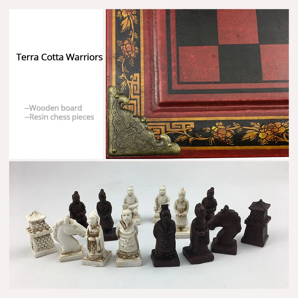 Conjunto de xadrez de madeira terra cotta guerreiros ou tropas manchu jogo de xadrez internacional peças de xadrez de resina cassete de madeira tabuleiro de xadrez 57