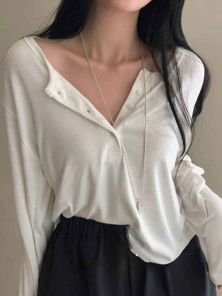 NUOMICI Sexy White Long-sleeve T-shirt Women V-neck Slightly Transparent Slim Button Knitwear Women's Top Korean Popular Clothes